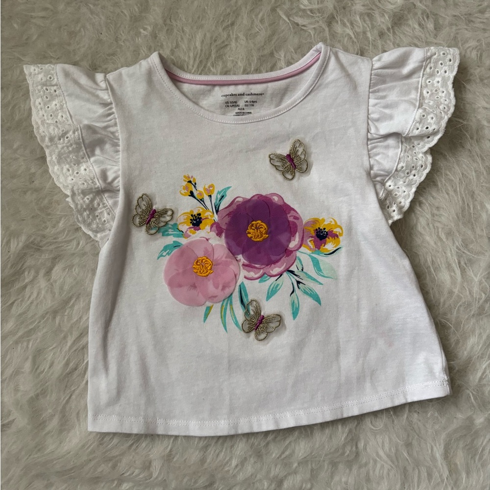 cupcakes & cashmere White Tee with Pink & Purple Floral and Butterfly Appliqués